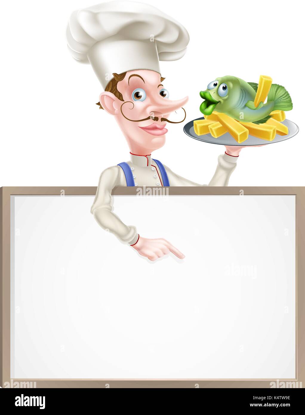 Chef Holding Fish and Chips pointant à l'inscription Illustration de Vecteur
