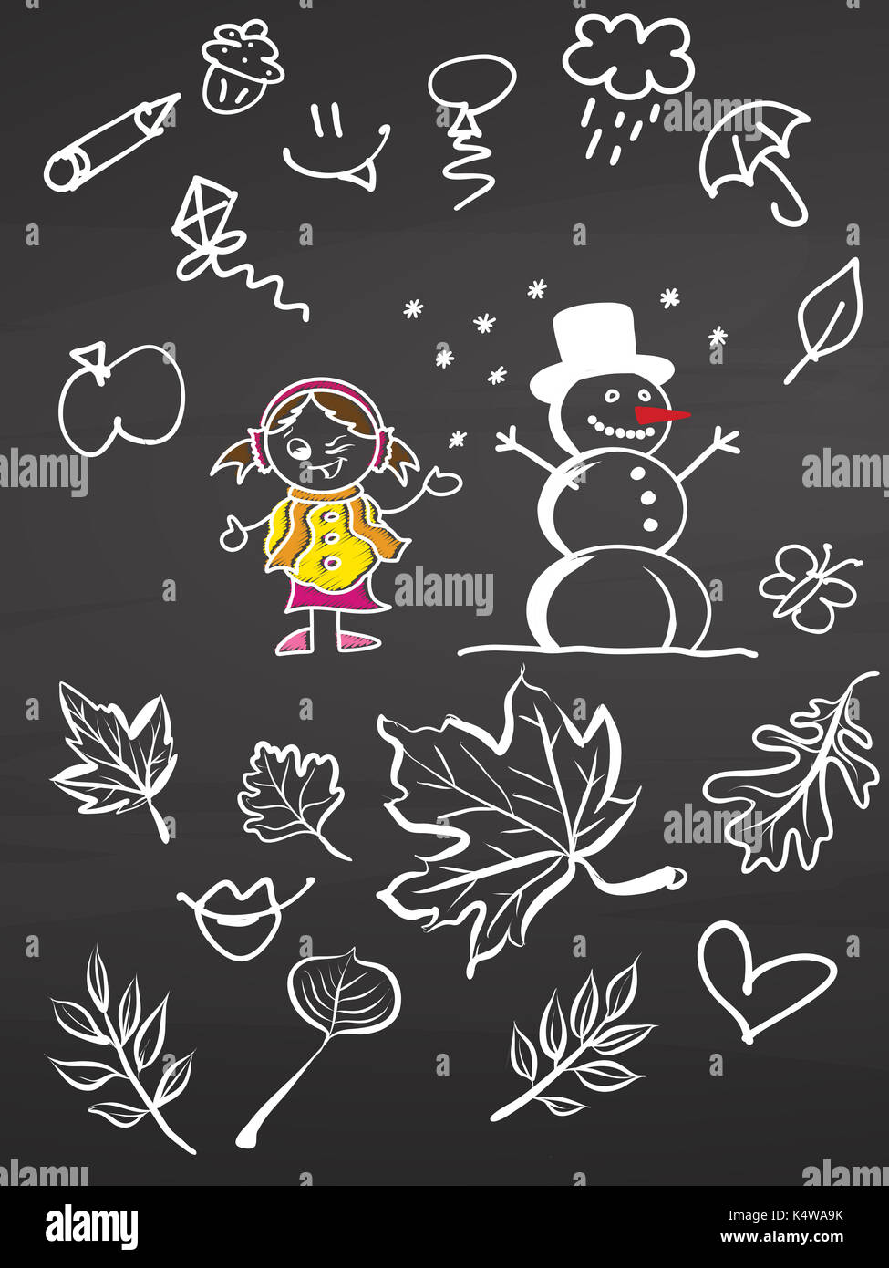 Petite fille et bonhomme avec doodles on chalkboard, vector handdrawn sketch, propre, style vintage tableau noir. Banque D'Images