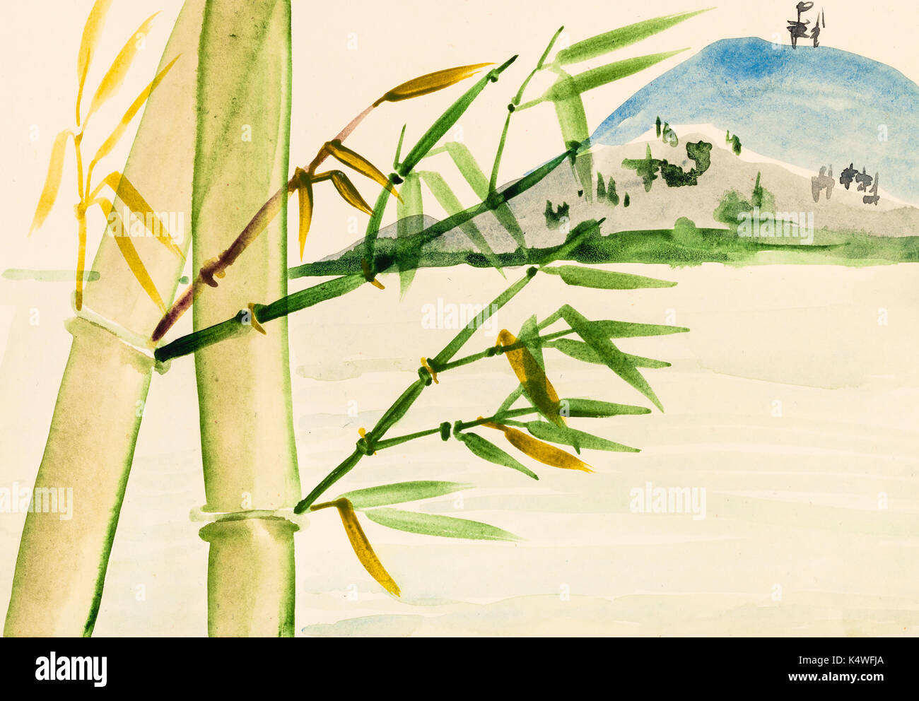 La formation en dessin suibokuga sumi-e with style - bamboo grove et vue sur le mont main peinte sur du papier de couleur crème Banque D'Images
