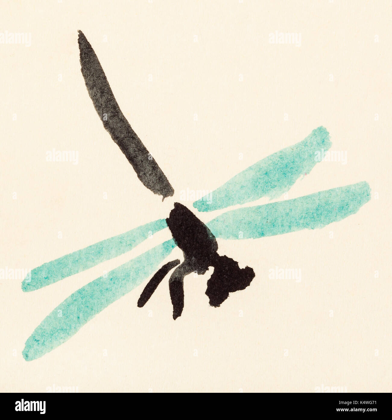 La formation en dessin suibokuga sumi-e with style - avec des ailes de libellule verte peint à la main sur du papier de couleur crème Banque D'Images