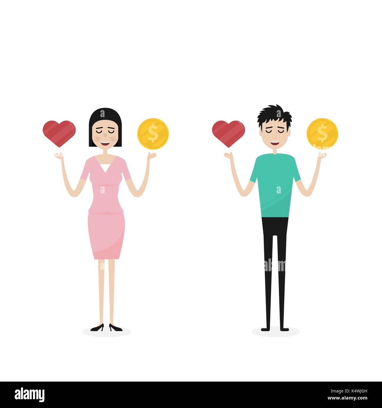 L'homme d'affaires et femme d'affaires, gens d'affaires, manager ou responsable de la pièces d'or et rouge icône en forme de cœur sur sa main.concept de travail et de vie bala Illustration de Vecteur