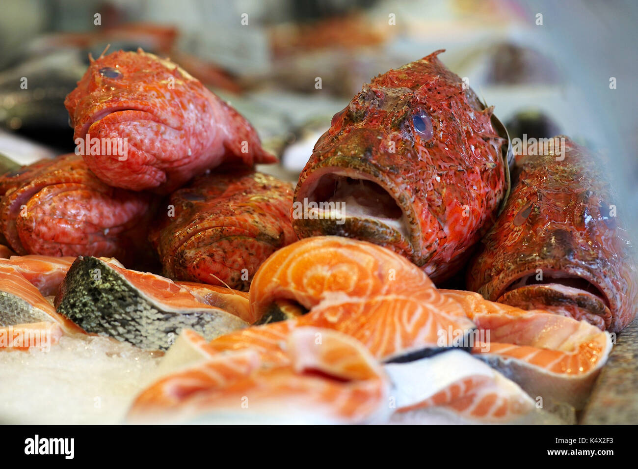 Rouge saumon frais rascasses et enjeux de poissonniers Banque D'Images