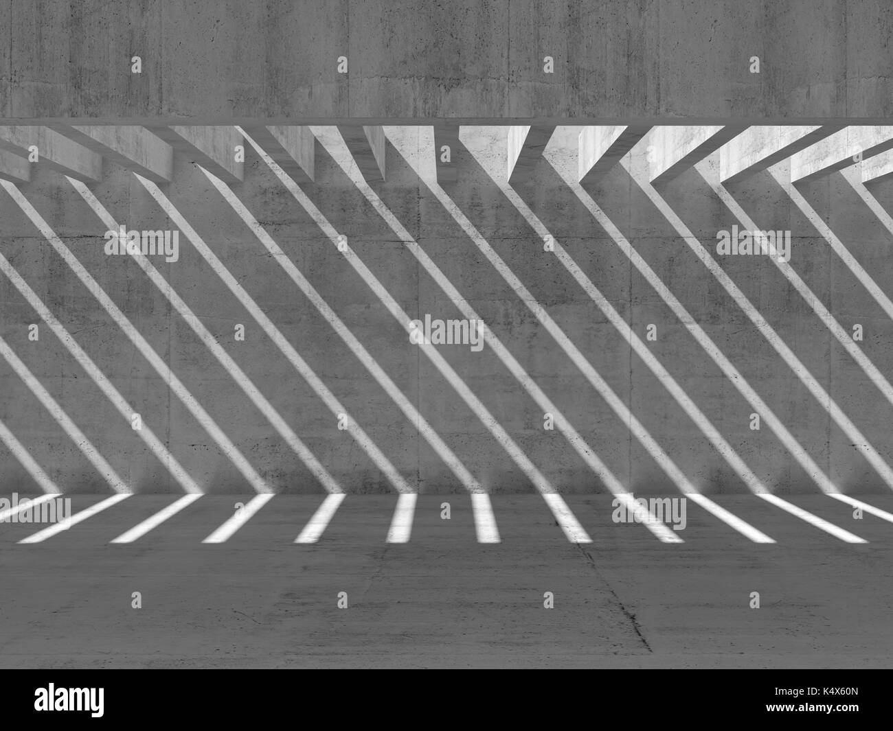 Résumé Contexte intérieur béton vide. avec l'éclairage de plafond et le motif d'ombres et de rayons lumineux sur le mur, 3d illustration Banque D'Images