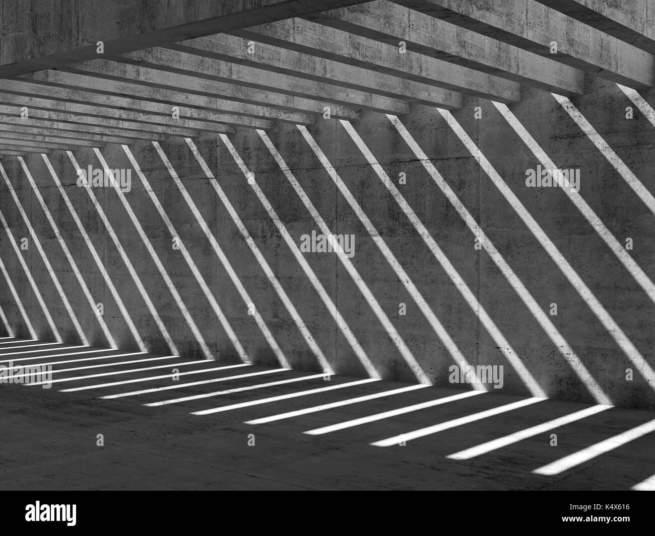 Résumé Contexte intérieur béton vide. couloir avec l'éclairage de plafond et le motif d'ombres et de rayons lumineux sur le mur et le plancher, illus 3d Banque D'Images