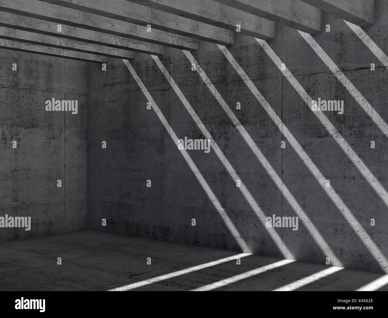Résumé Contexte intérieur béton vide. pièce sombre avec un éclairage de plafond et le motif d'ombres et de rayons lumineux sur le mur et le plancher, la 3d rend Banque D'Images