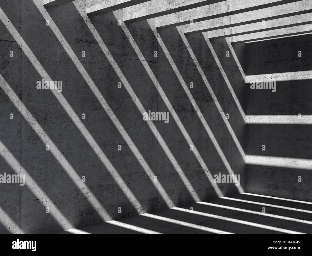 Résumé Contexte intérieur béton vide. pièce sombre avec un éclairage de plafond et le motif d'ombres et de rayons lumineux sur les murs et le plancher, 3d mauvais Banque D'Images