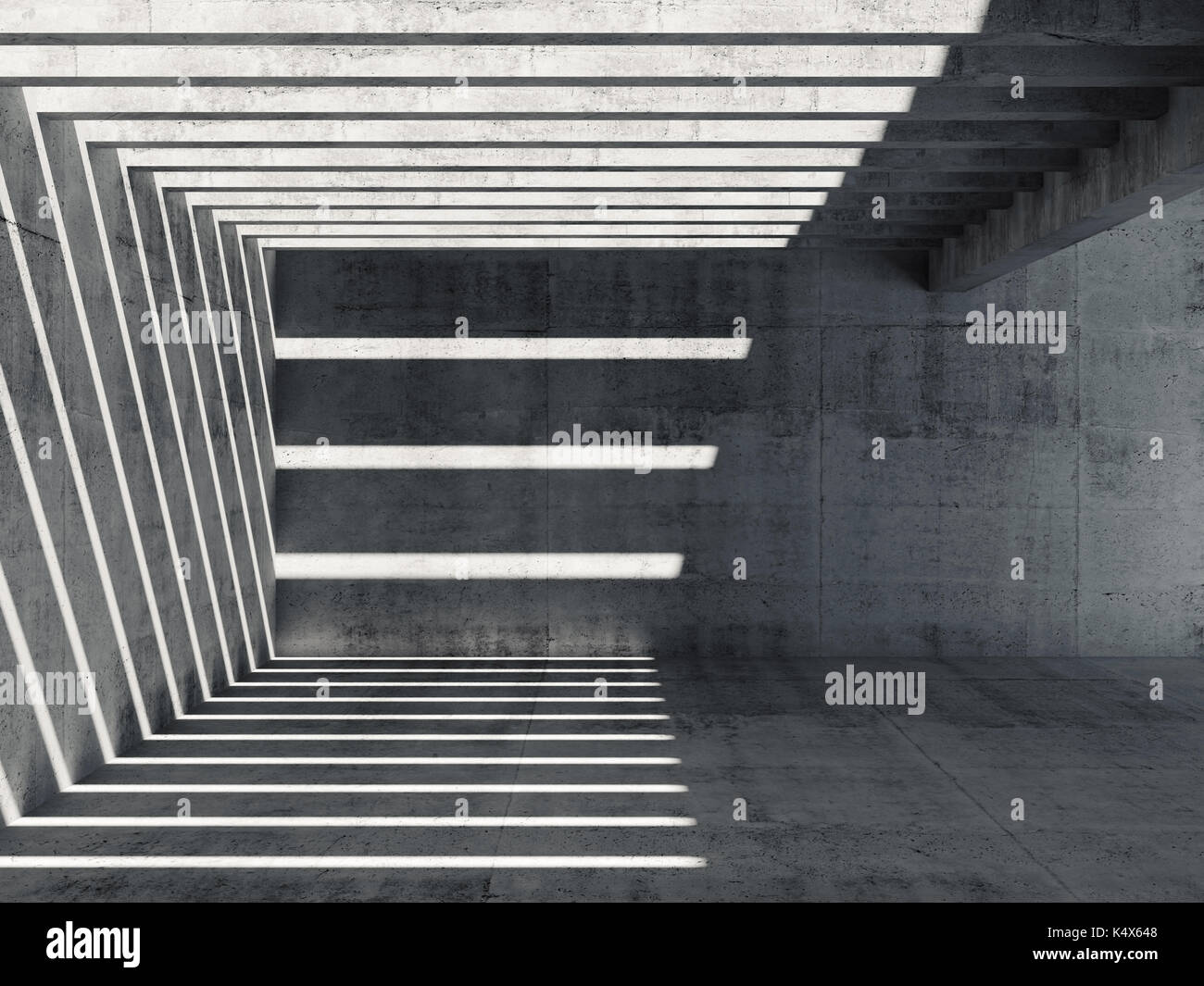 Résumé Contexte intérieur béton vide. Perspective de salle avec éclairage de plafond et le motif d'ombres et de rayons lumineux sur le mur et cheminée Banque D'Images