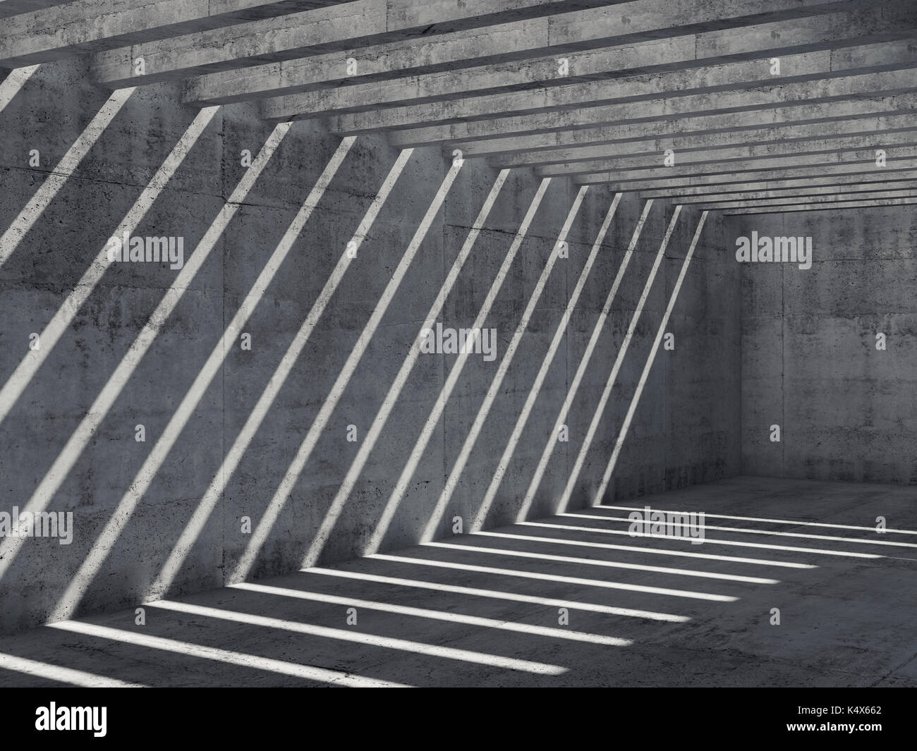 Résumé Contexte intérieur béton vide. couloir avec l'éclairage de plafond et le motif les faisceaux lumineux sur le mur et le plancher, 3d illustration Banque D'Images