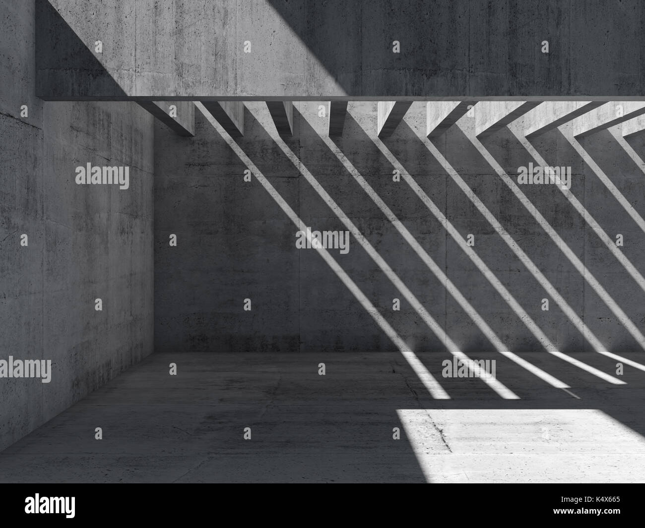 Résumé Contexte intérieur vide. Le béton avec l'éclairage de plafond et le motif d'ombres et de rayons lumineux sur le mur, 3d illustration Banque D'Images