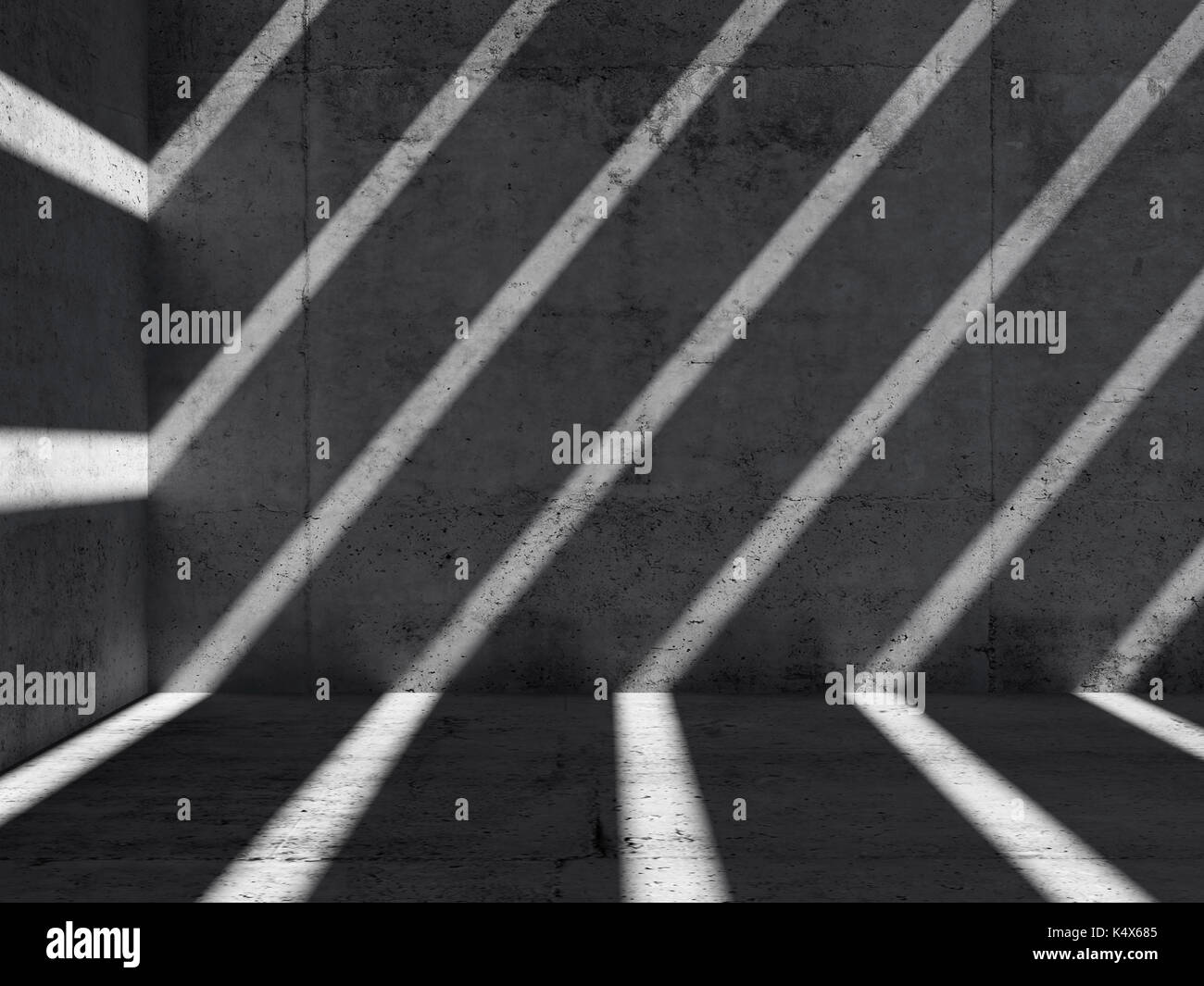 Résumé arrière-plan foncé. intérieur vide local en béton à l'aide d'ombres et de rayons lumineux sur le mur, de face, 3d illustration Banque D'Images