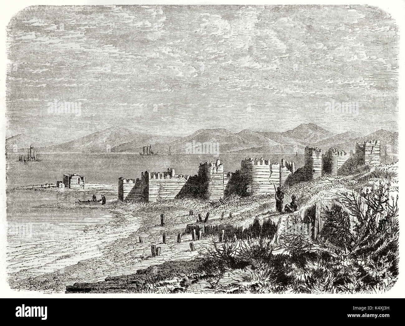 Ruines d'une ancienne place forte sur une plage riche de végétation méditerranéenne. Voir l'ancien château d'Ayas Yumurtalik la Turquie. Créé par Grandsire et Gauchard publié sur le Tour du Monde Paris 1862 Banque D'Images