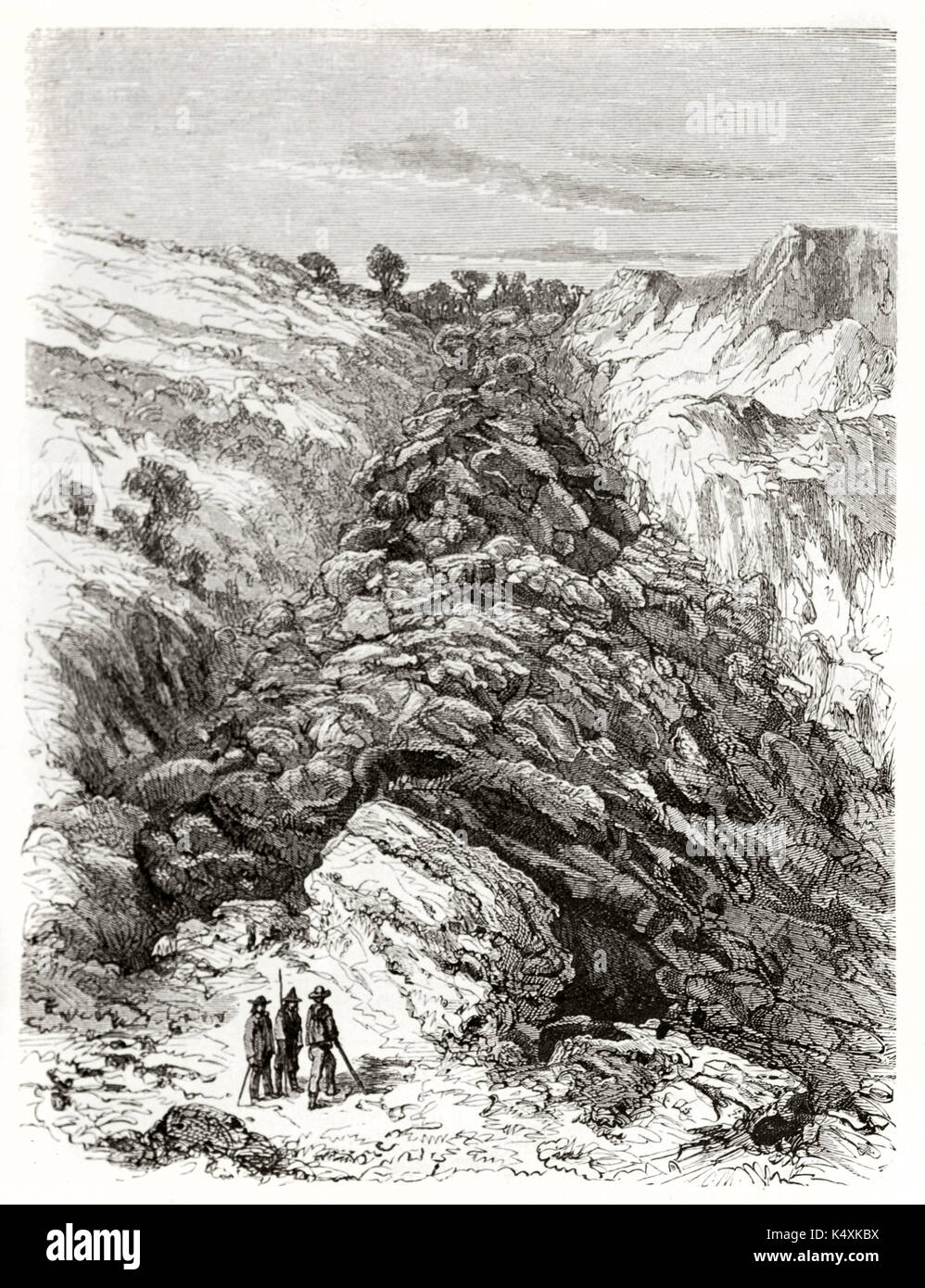 Paysage rocheux avec Vulcan Vésuve sur lave refroidie dans une ancienne illustration vertical. Créé par Riou après photo par auteur inconnu publié sur le Tour du Monde Paris 1862 Banque D'Images
