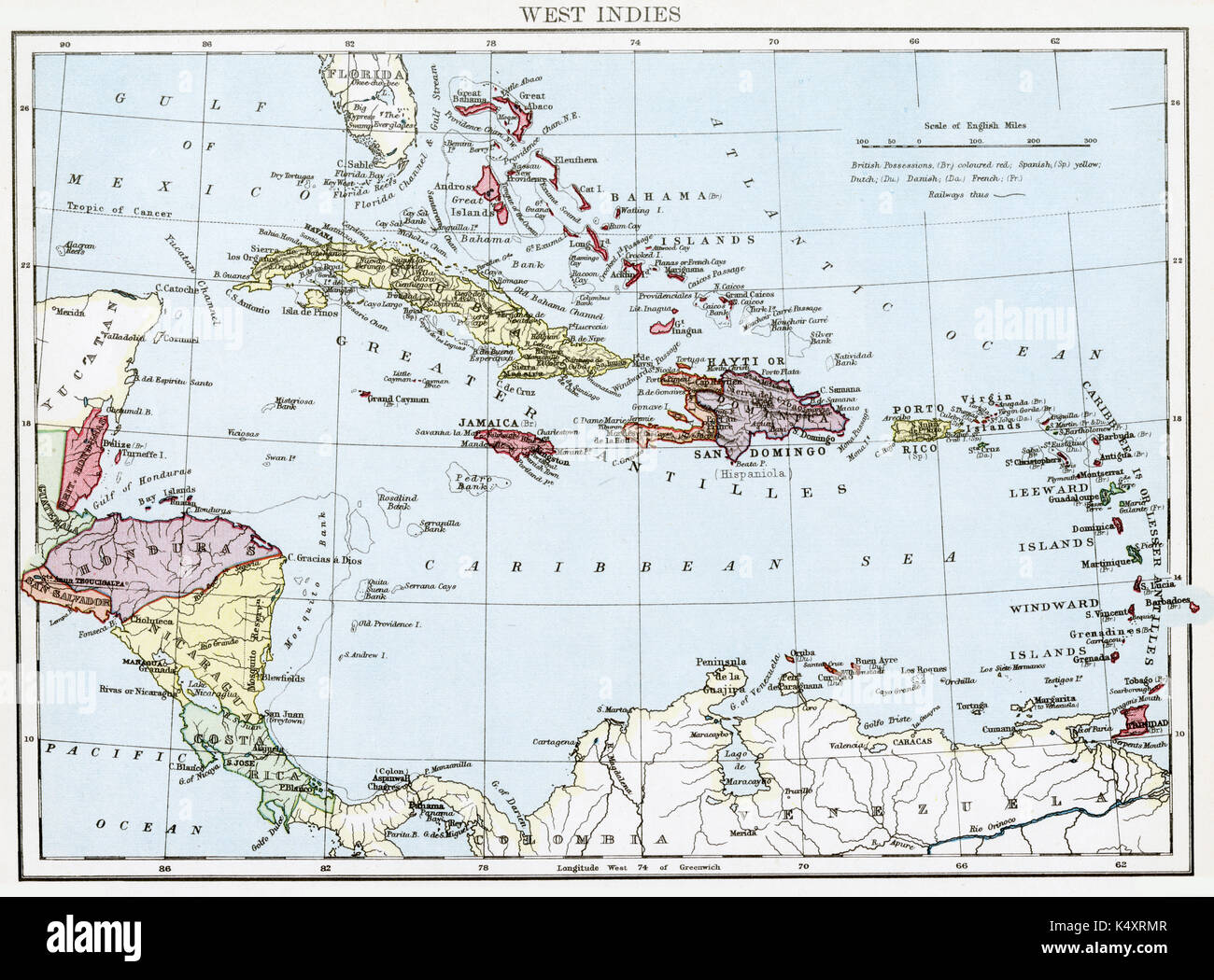 Carte antique, vers 1875, des Antilles Banque D'Images