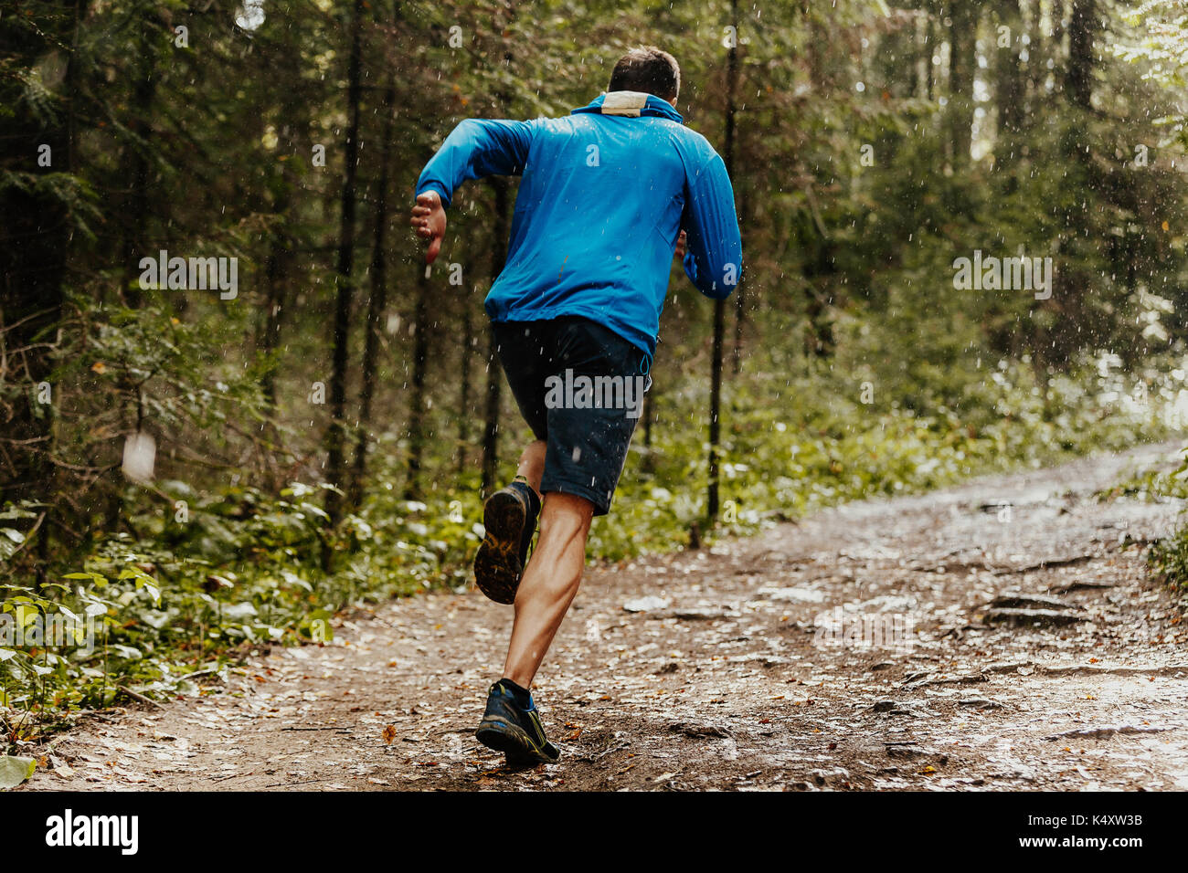 Muscular male runner course rapide sentier forestier dans la pluie Banque D'Images