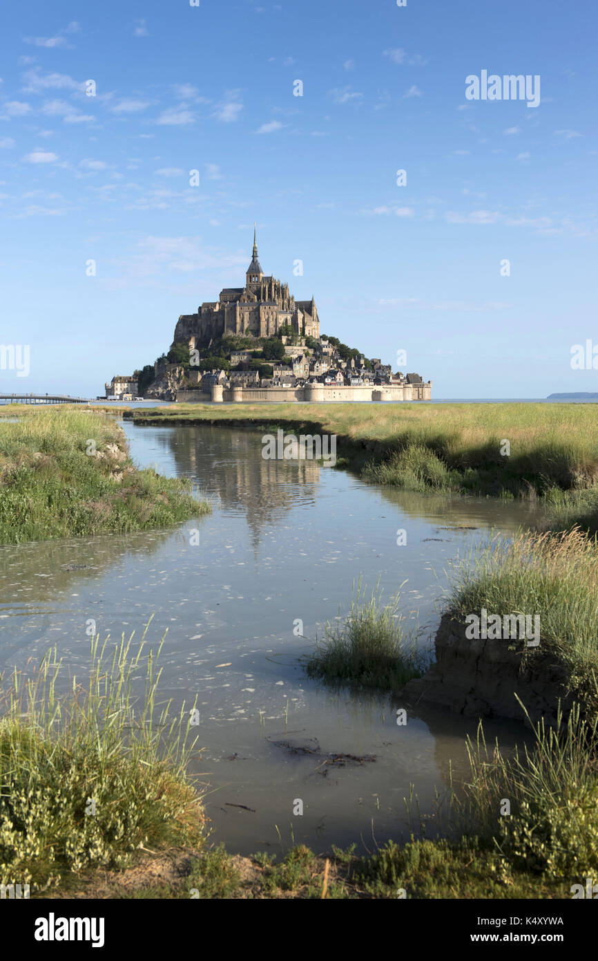 Le Mont-Saint-Michel (Saint Michael's Mount) (Normandie, nord-ouest de la France). Le Mont-Saint-Michel et l'abbaye. Les marais salés à l'avant-plan Banque D'Images