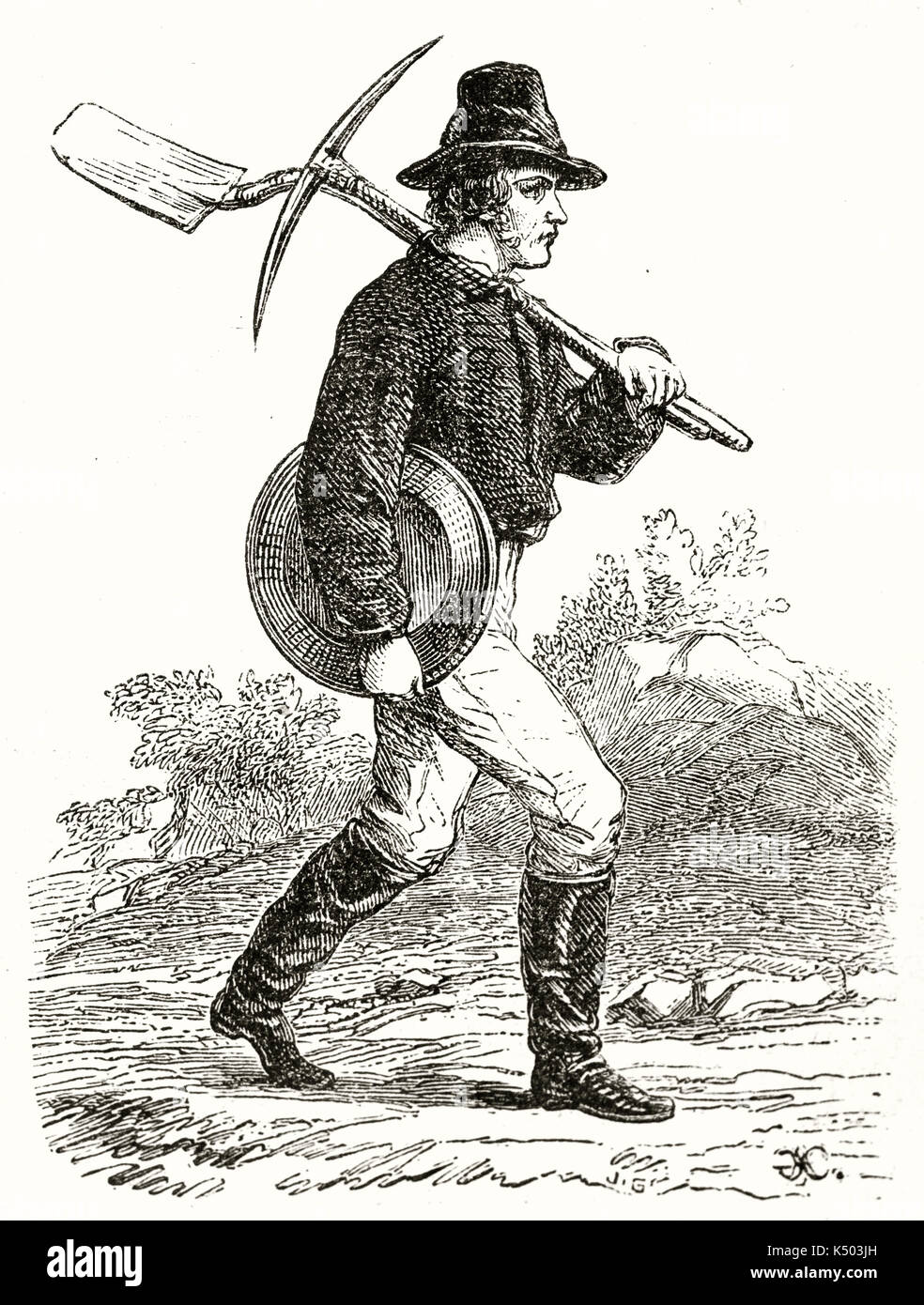 Ancien chercheur d'or walking and holding pan pelle et pick, piscine en Californie. Par auteur non identifié publié sur le Tour du Monde Paris 1862 Banque D'Images