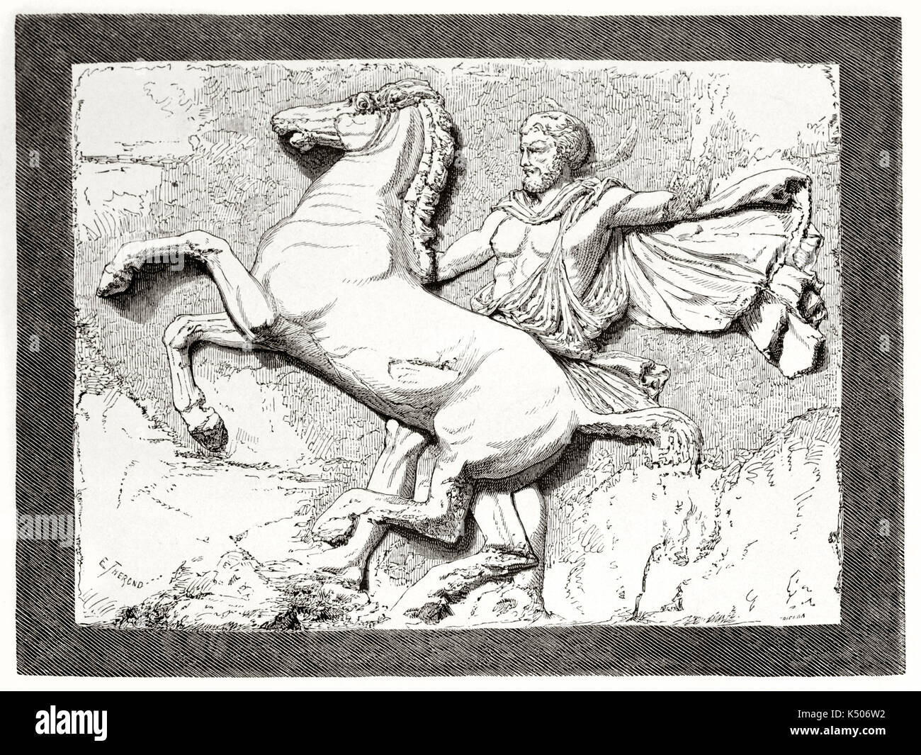 Reproduction d'une gravure ancienne haut relief sculpture metope par Phidias dans le Parthénon Athènes représentant un homme et un cheval d'élevage. Par Therond publié sur le Tour du Monde Paris 1862 Banque D'Images