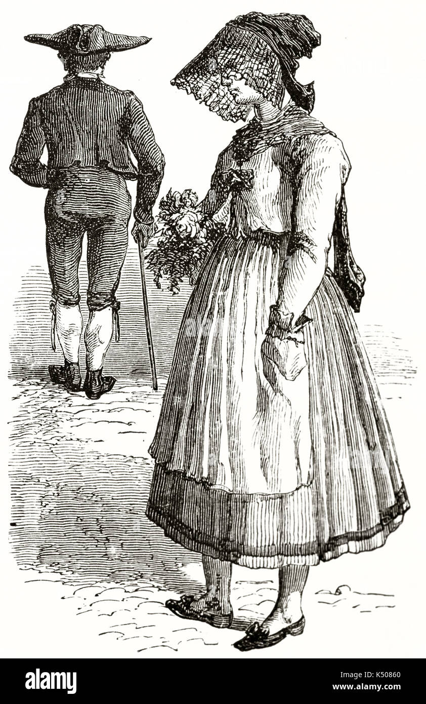 Vue de profil d'un ancien château médiéval Stuttgart femme en costume traditionnel , Allemagne, près d'un homme vu de dos. Créé par Lancelot et Gauchard publié sur le Tour du Monde Paris 1862 Banque D'Images