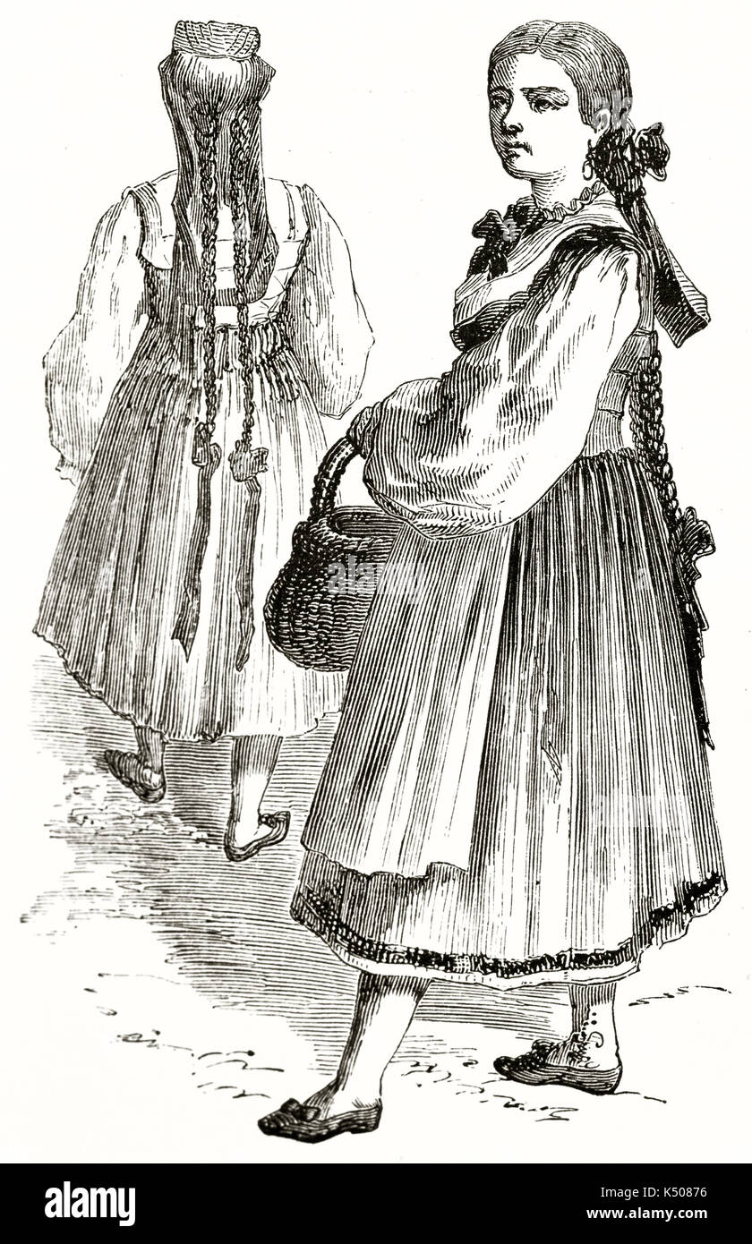 Vue de trois-quarts d'un ancien château médiéval Stuttgart femme en costume traditionnel, en Allemagne, près d'une autre femme vu de dos. Par Lancelot et Gauchard publié sur le Tour du Monde Paris 1862 Banque D'Images