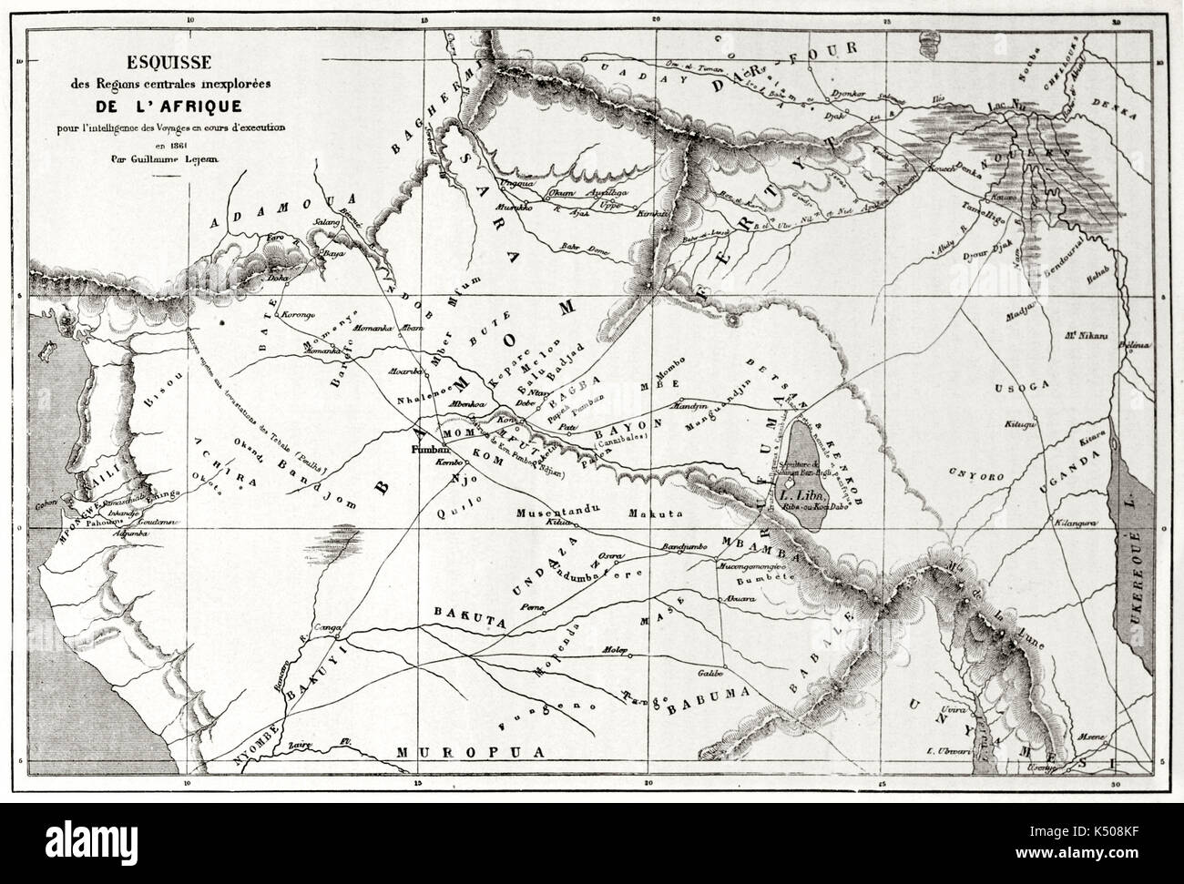Ancienne carte topographique de gris d'Afrique centrale zones inexplorées. Après Lejean publié sur le Tour du Monde Paris-1862 Banque D'Images Ancienne carte topographique de gris d'Afrique centrale zones inexplorées. Après Lejean publié sur le Tour du Monde Paris-1862 Banque D'Images