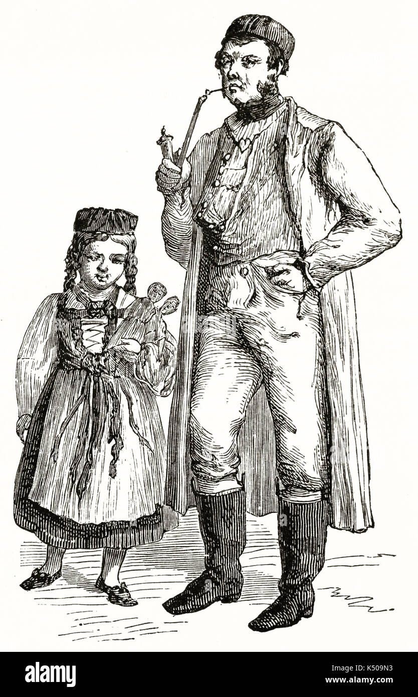 Vieille illustration d'un homme et l'enfant isolé Wurtemberg posant en vêtements traditionnels de l'Allemagne sur fond blanc. Créé par Lancelot et Gauchard publié sur le Tour du Monde Paris 1862 Banque D'Images
