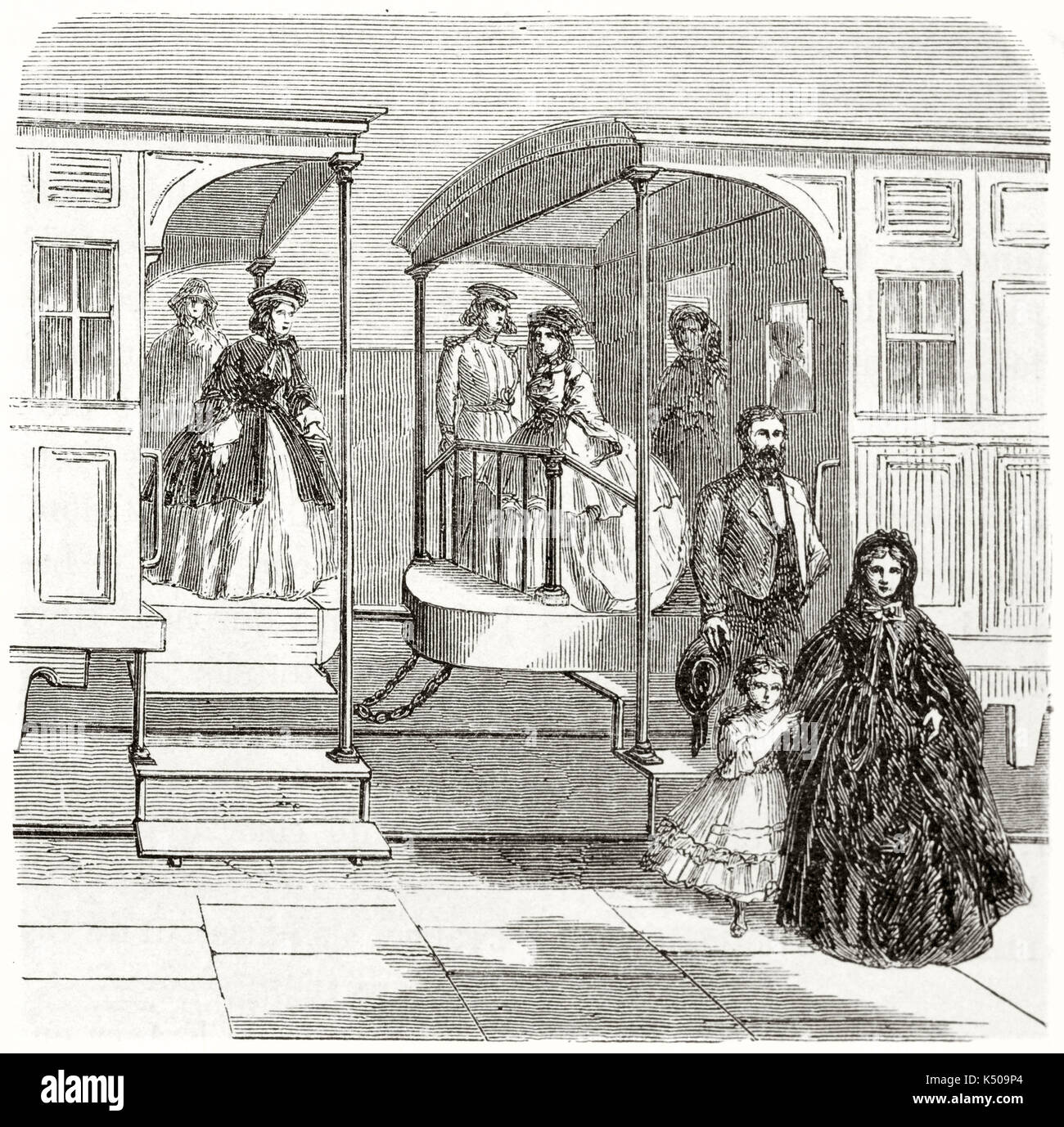 Peuple ancien et élégant, habillé de vieux wagons de train en gare de Wurtemberg en Allemagne. Créé par Lancelot et Gauchard publié sur le Tour du Monde Paris 1862 Banque D'Images