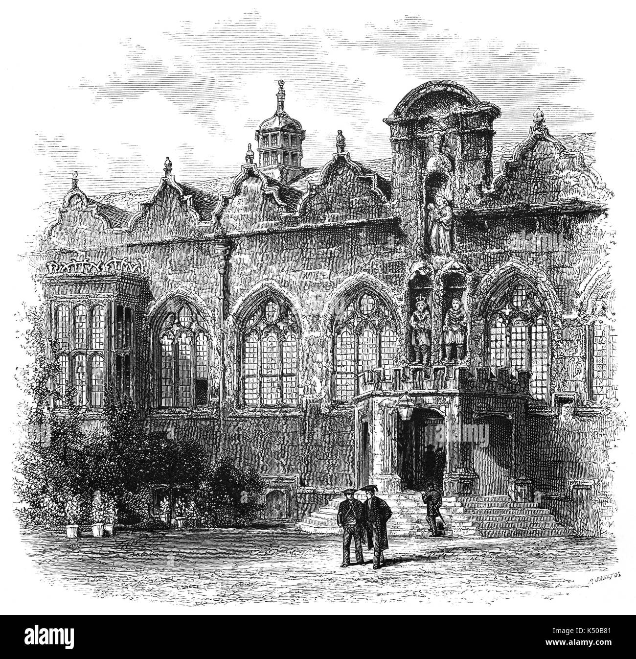 1870 : maître et élève à l'extérieur de l'Oriel College, un électeur college de l'Université d'Oxford situé dans l'Oriel carré et a la particularité d'être la plus ancienne fondation royale à Oxford. L'origine médiévale fondation créée par Adam de Brome en 1326 sous le patronage d'Édouard II, a été appelé la chambre ou salle de la Très Sainte Vierge Marie à Oxford et a permis d'Provost et dix boursiers, Oxford, Angleterre. Banque D'Images