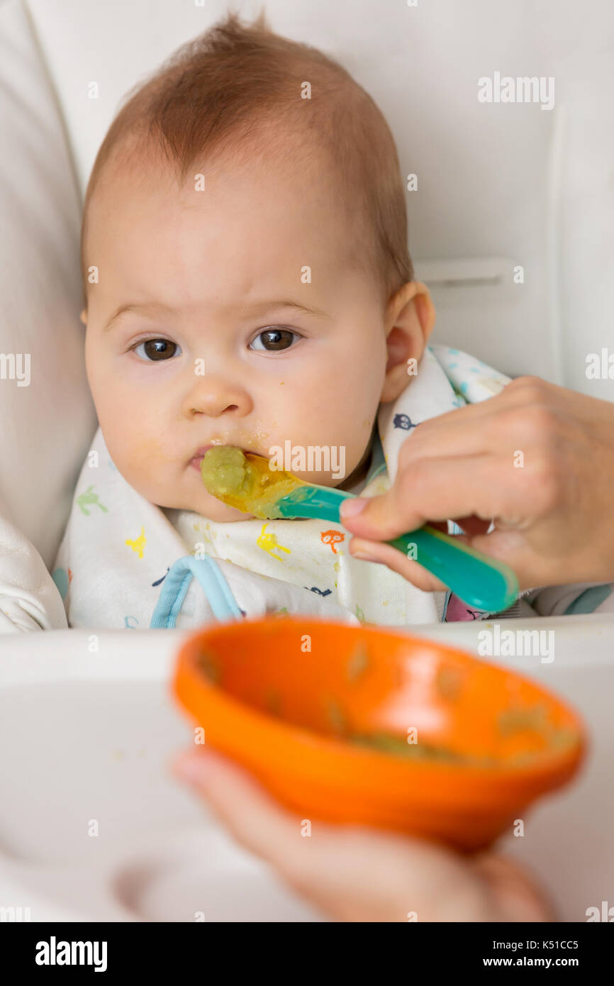 Mere Nourrir Bebe Fille Avec La Puree D Avocat Et De Legumes Verts Dans Un Bol En Plastique Orange De L Alimentation Sur Une Cuillere En Plastique Le Concept De La Vie Familiale