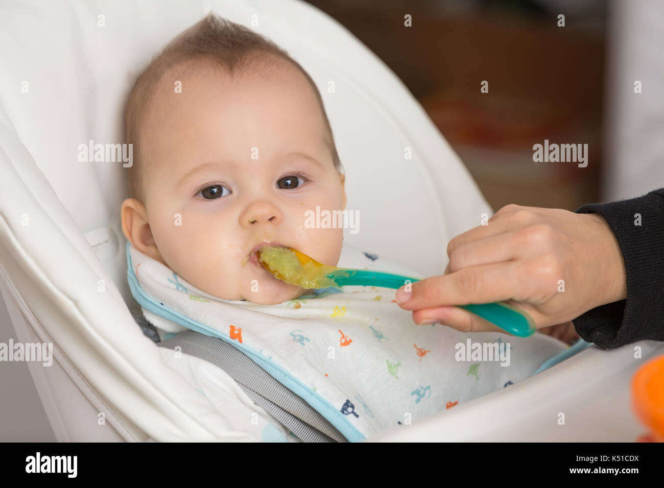Mere Nourrir Bebe Fille Avec La Puree D Avocat Et De Legumes Verts Dans Un Bol En Plastique Orange De L Alimentation Sur Une Cuillere En Plastique Le Concept De La Vie Familiale Mere Nourrir Bebe Fille Avec La Puree D Avocat Et De Legumes Verts Dans Un Bol En Plastique Orange De L Alimentation Sur Une Cuillere En Plastique Le Concept De La Vie Familiale