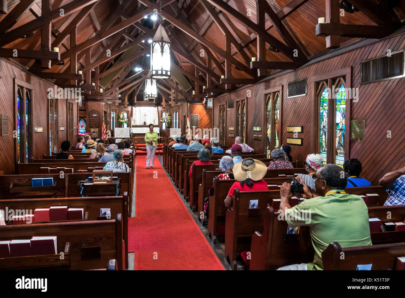 Géorgie, St. Simons Island,Frederica,Christ Church,Episcopal église,monument,religion,intérieur,bois trusques,pews,USA Etats-Unis Amérique non Banque D'Images