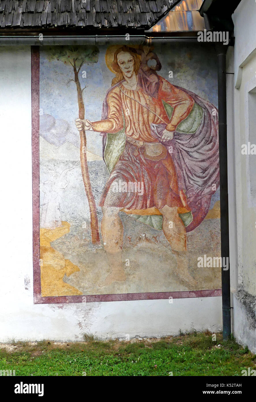 Slovénie Eglise du treizième siècle de St Paul à Stara Fuzina près de Bohinj avec peinture de Saint-Christopher. Photo: Tony Gale Banque D'Images