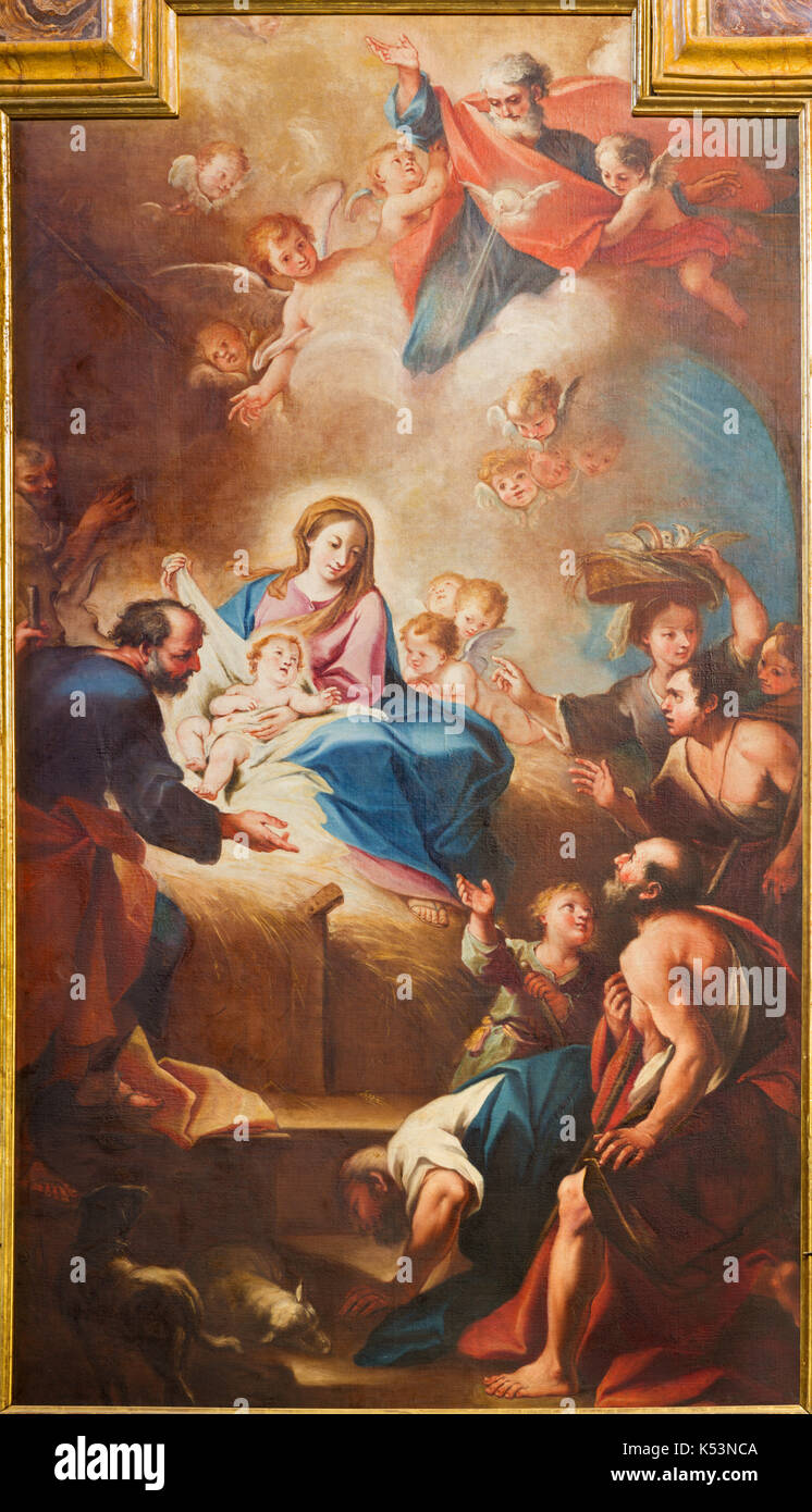 Turin, Italie - 13 mars 2017 : la peinture de la nativité à l'église Chiesa di Santa teresia par Sebastiano Conca (1730). Banque D'Images