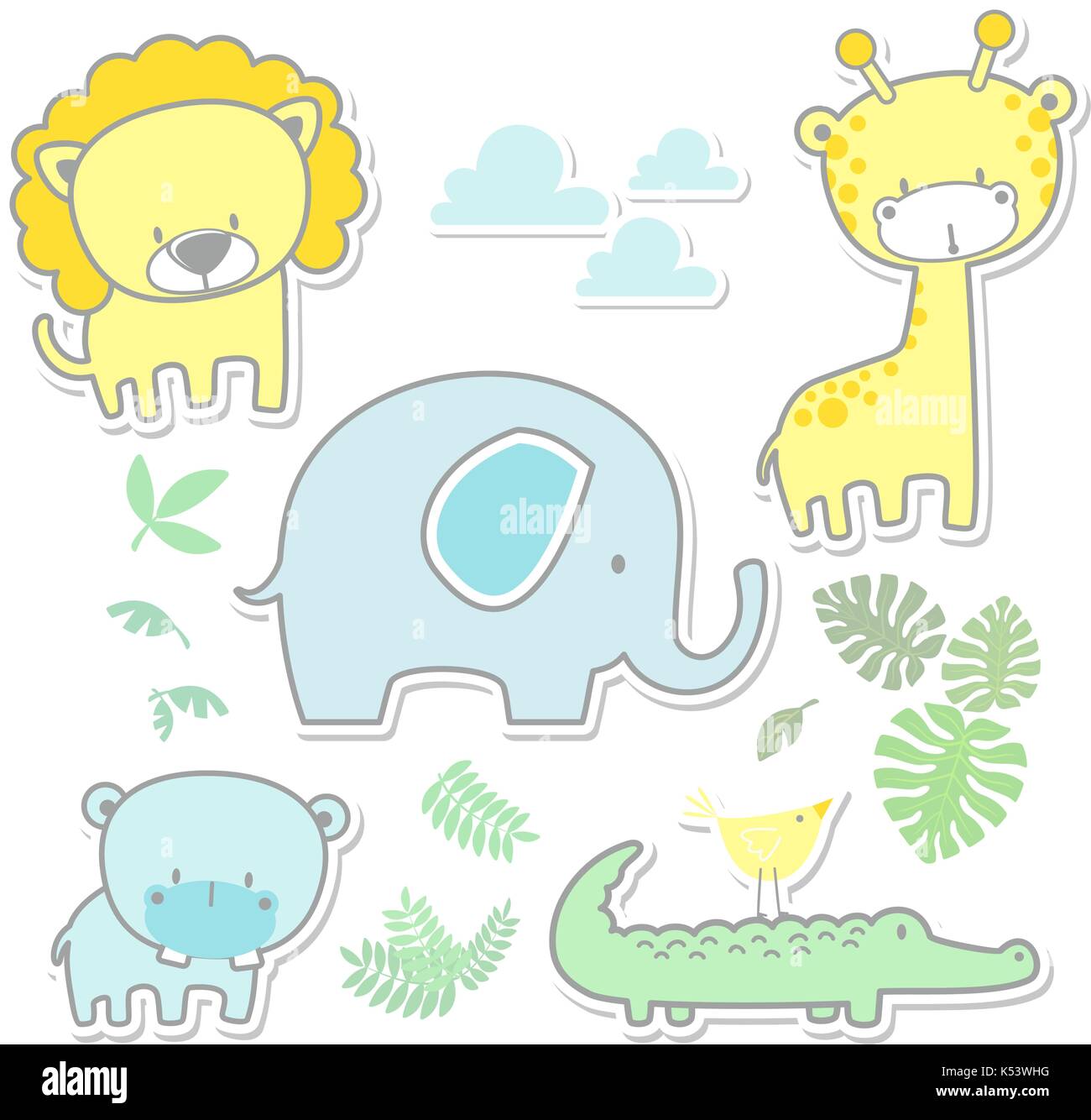 Vector cartoon illustration de six animaux bébé mignon et jungle feuilles isolées sur fond blanc, idéal pour la décoration d'art pépinière ou album Illustration de Vecteur