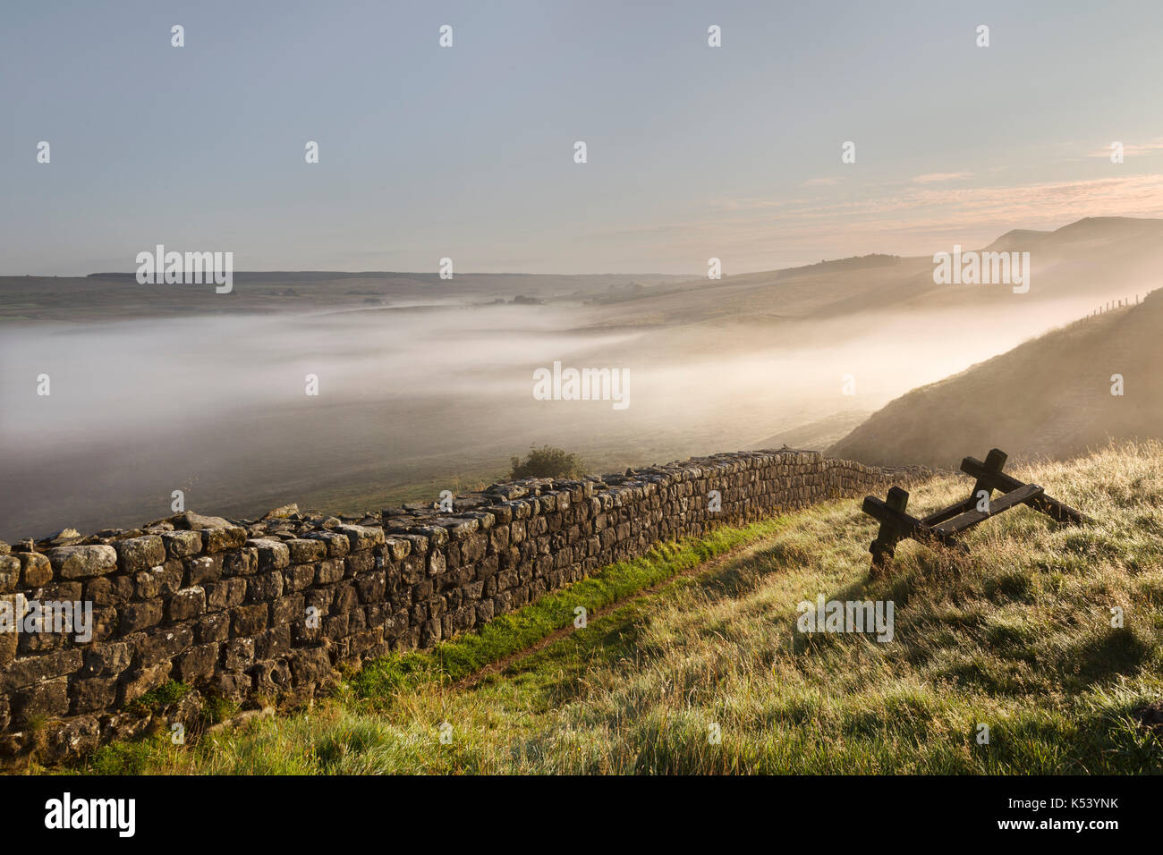 Mur d'Hadrien, Northumberland, Angleterre - vers le nord-est comme suspendu au-dessus du brouillard tôt le matin près de cawfield basse au sol Banque D'Images