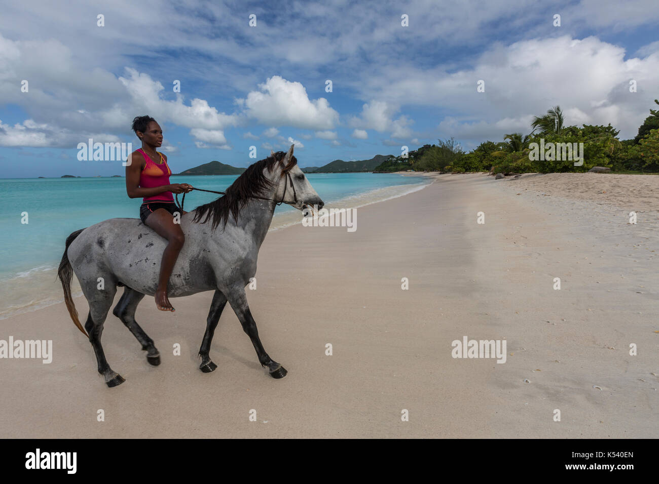 Femme à cheval sur la plage, Antigua-et-Barbuda Banque D'Images