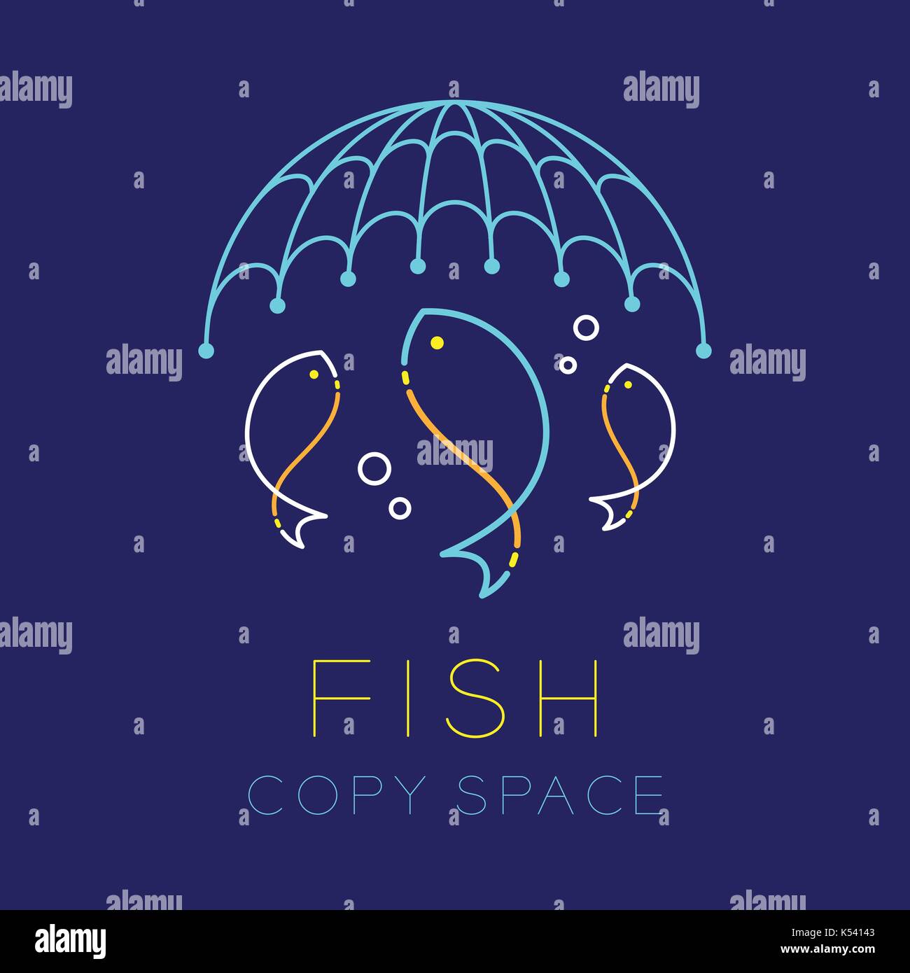 Filet de pêche et poissons, bulle d'air l'icône set Course outline logo design dash illustration isolé sur fond bleu foncé avec des poissons texte et copiez s Illustration de Vecteur