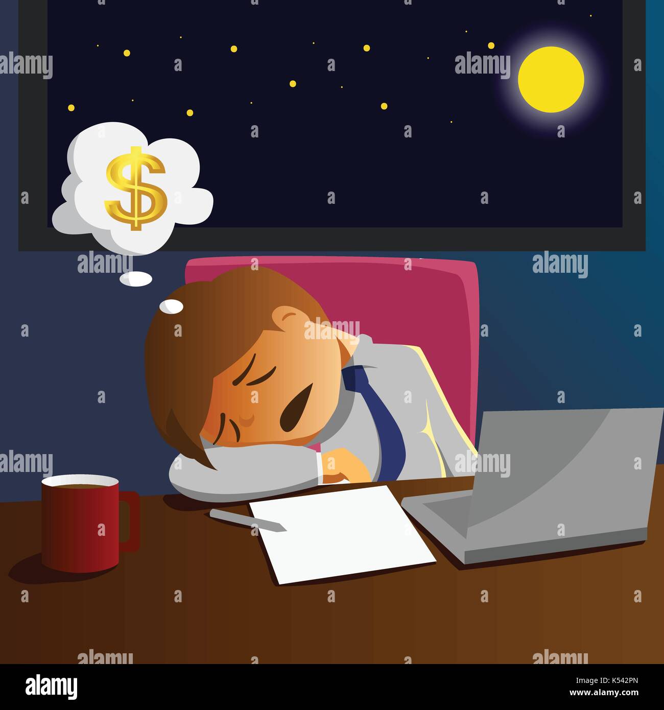 Homme salaire des heures supplémentaires et du sommeil sur 24 au bureau Illustration de Vecteur