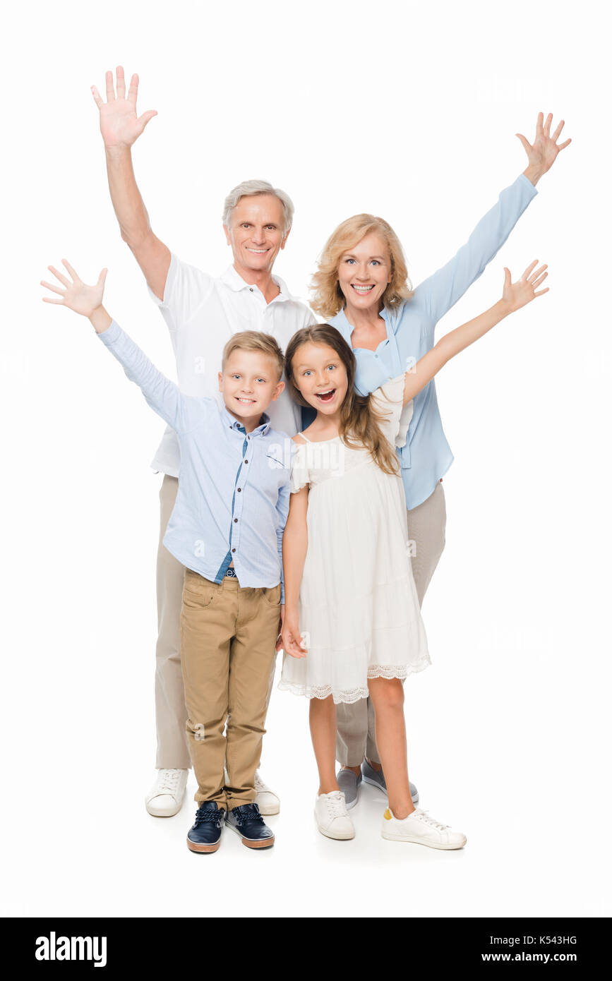 Heureux grands-parents et enfants des signes avec la main isolated on white Banque D'Images