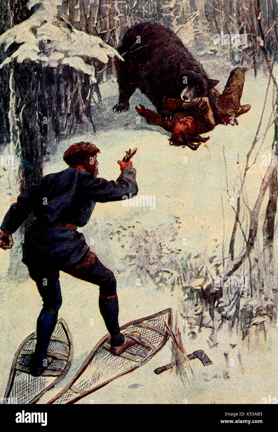 L'ours se tenait au-dessus de lui, tenant un de ses bras dans sa bouche - attaque d'un ours sur les commerçants de fourrures, circa 1700 Banque D'Images