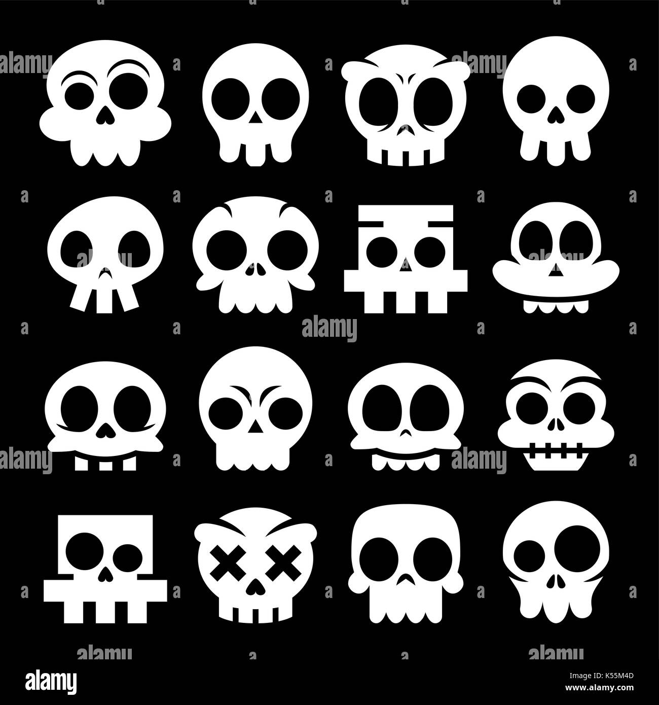 Vector cartoon halloween icônes, crâne blanc sucre mexicain mignon jeu de conception crânes, dia de los muertos sur fond noir Illustration de Vecteur