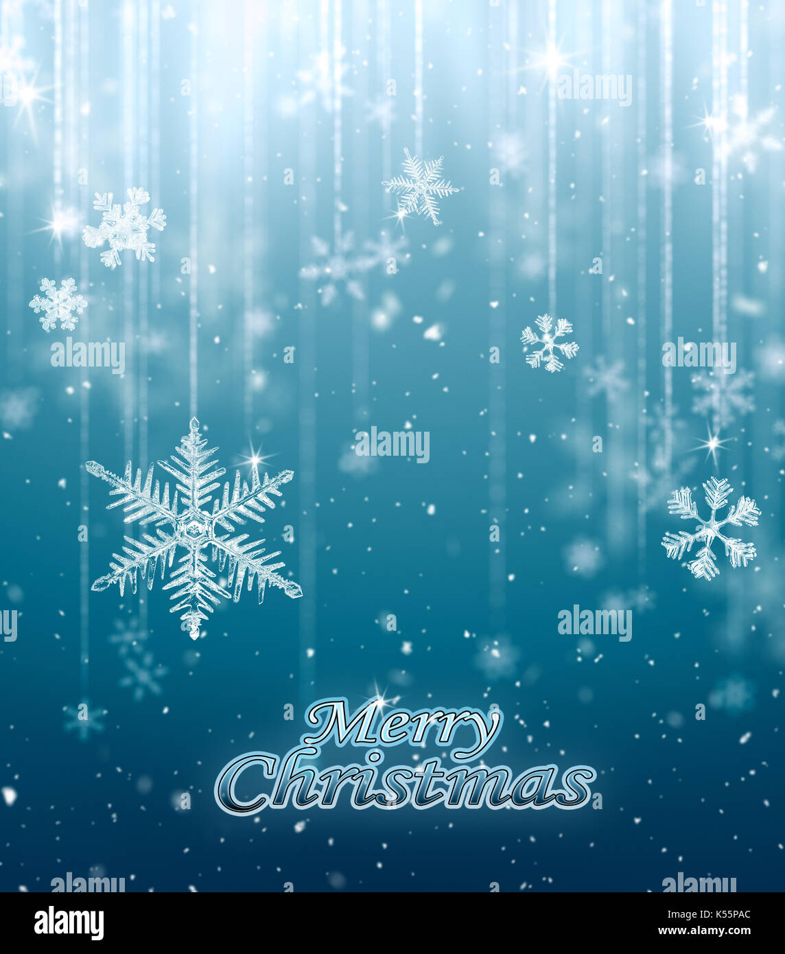 Flocon de macro et de flou artistique tombé des flocons de neige sur fond bleu Banque D'Images