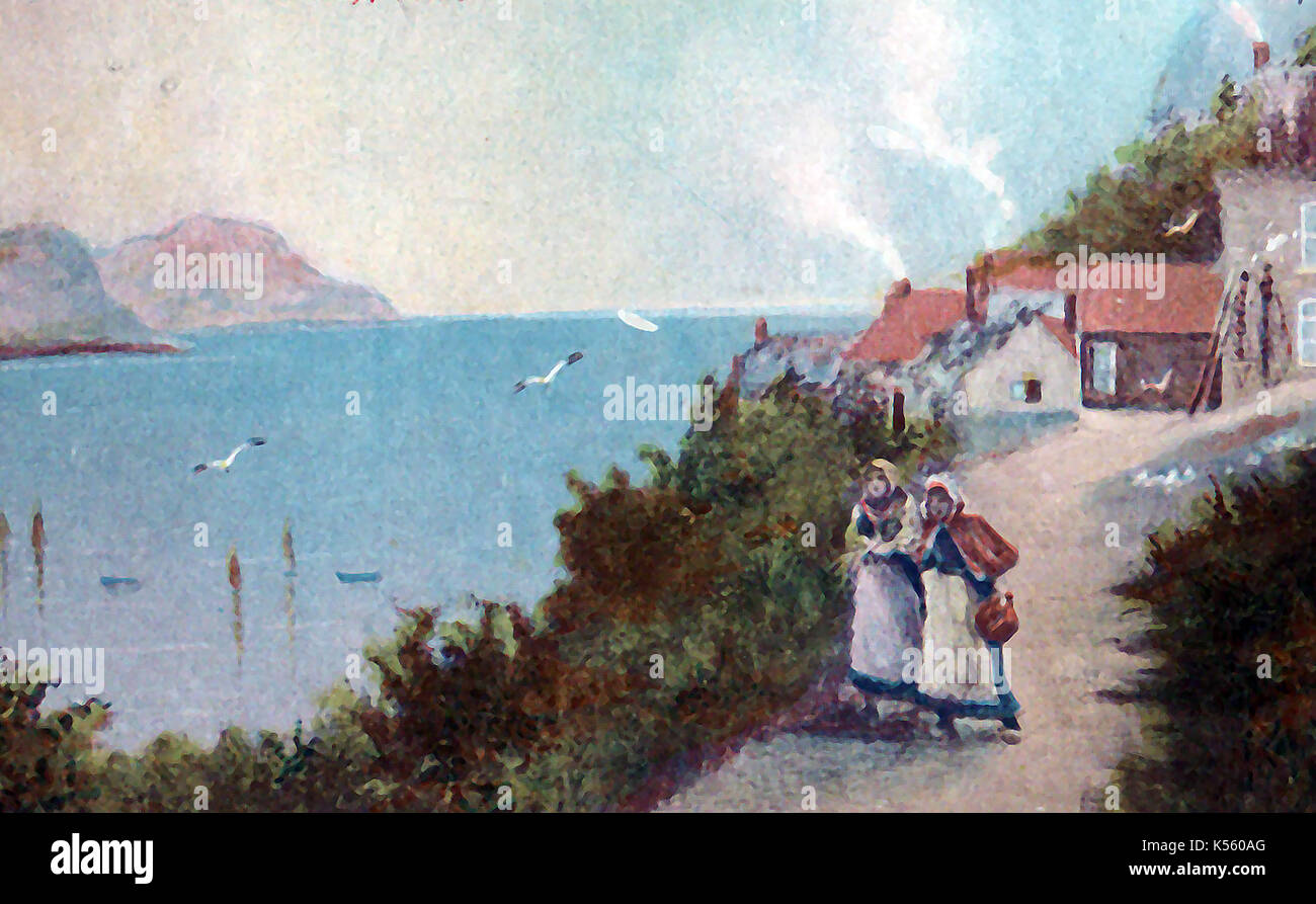 1907 - Le village de Scarborough, Yorkshire, UK - Les Femmes de la communauté de la pêche à pied le long d'un ancien chemin qui est tombé dans la mer pendant un important glissement de terrain. Banque D'Images