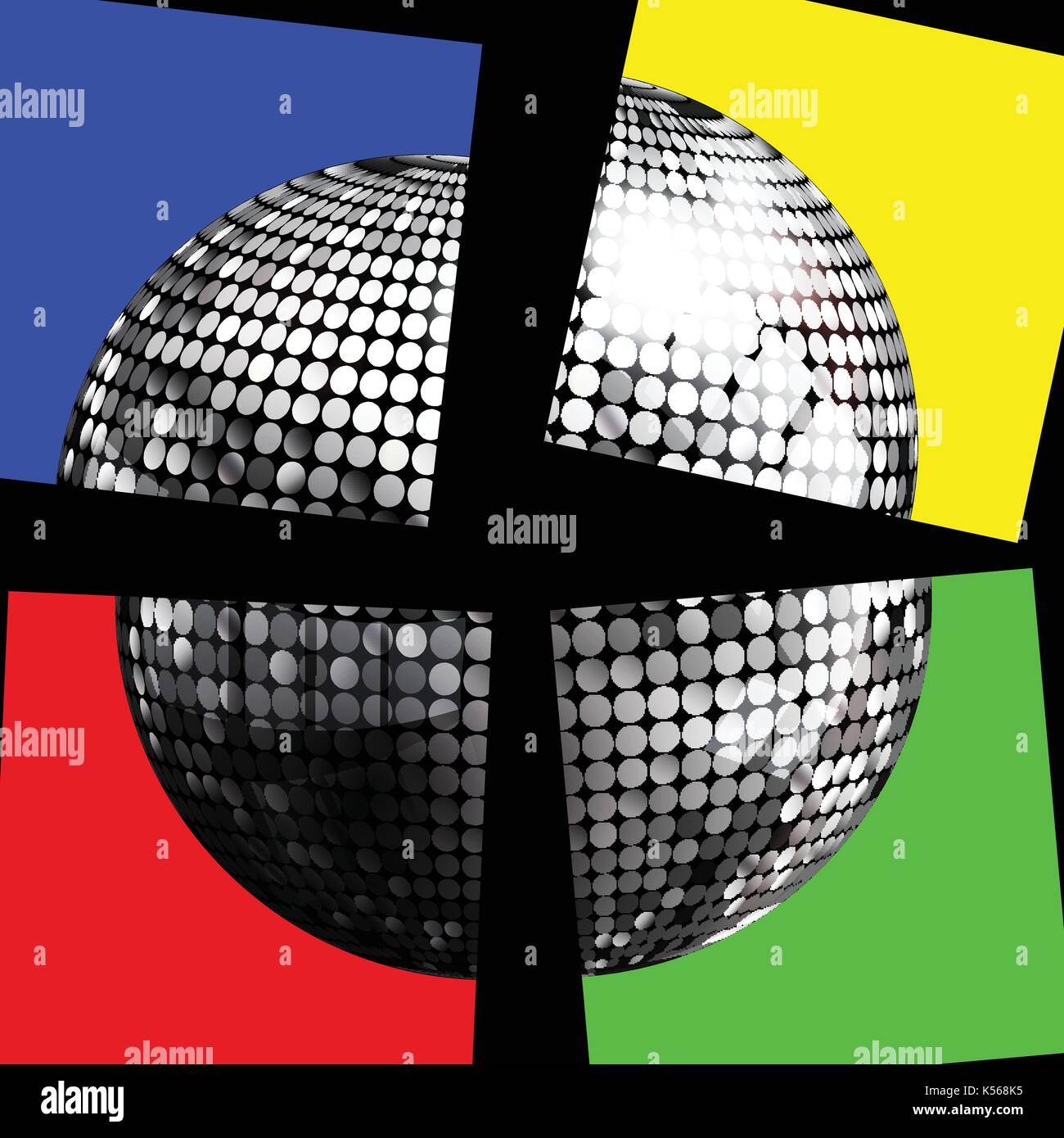 3d illustration d'argent disco ball puzzle avec quatre panneaux sur fond noir Illustration de Vecteur