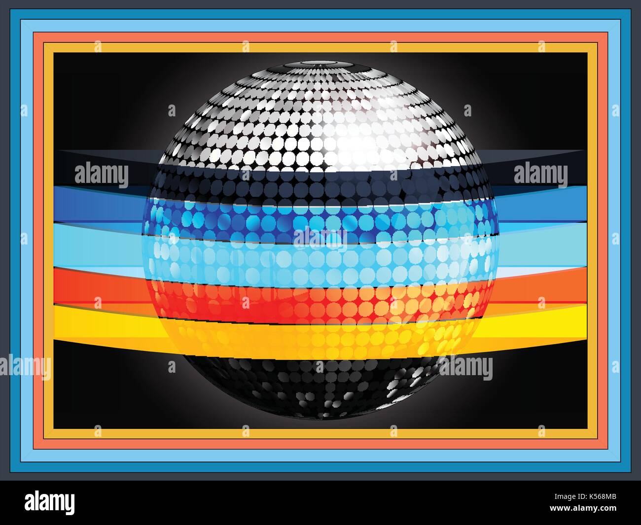3d illustration d'argent disco ball enveloppés dans des rayures multicolores sur fond noir avec le cadre de l'arc-en-ciel Illustration de Vecteur