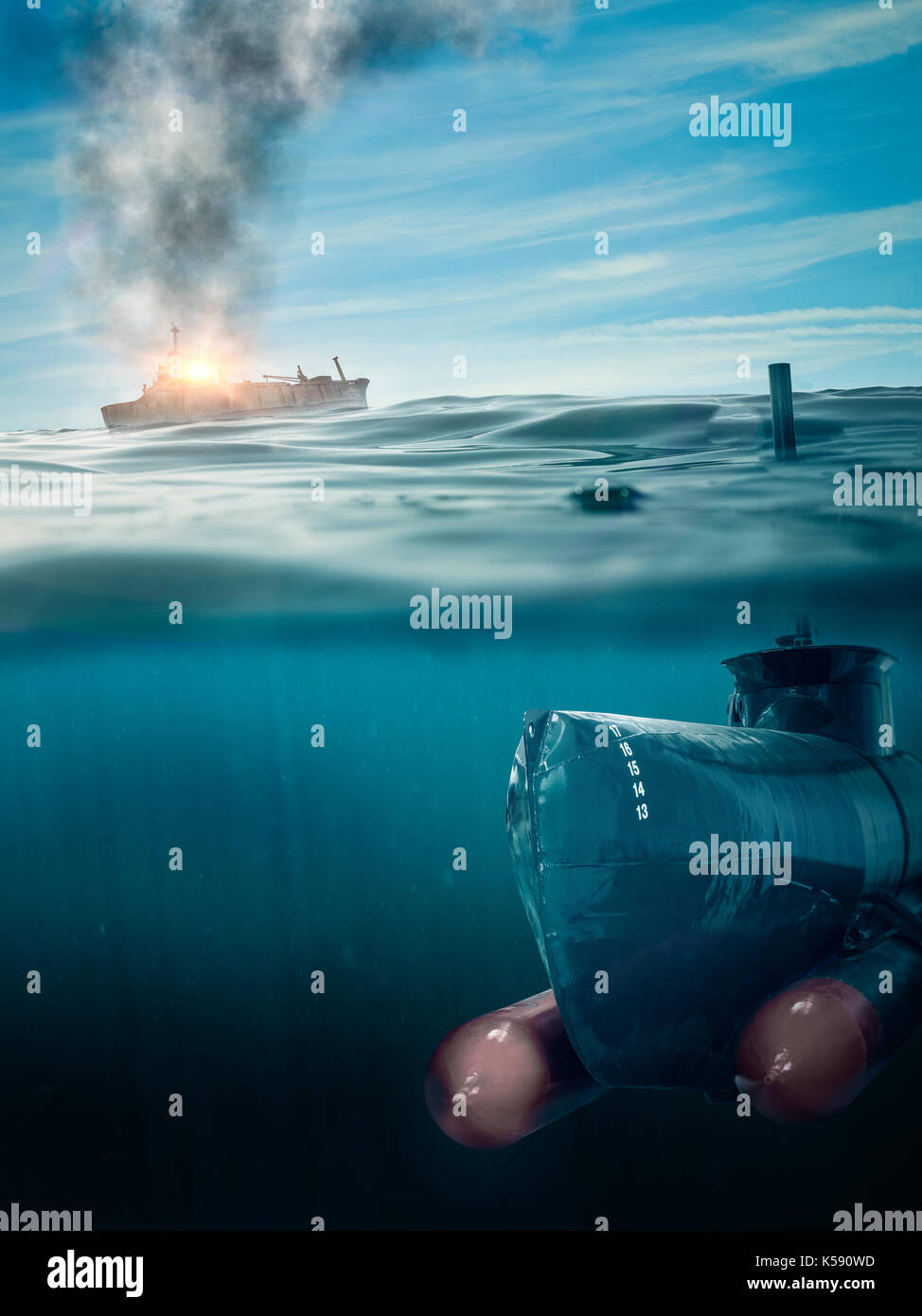 Pirates rend la chasse sous-marine sur des navires marchands Banque D'Images