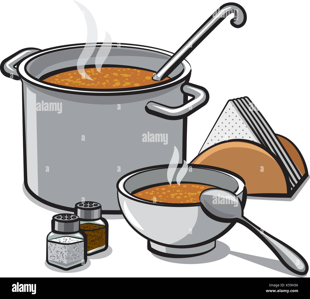 Illustration de savoureux dans un bol de soupe chaude et pot avec des épices et des serviettes Illustration de Vecteur