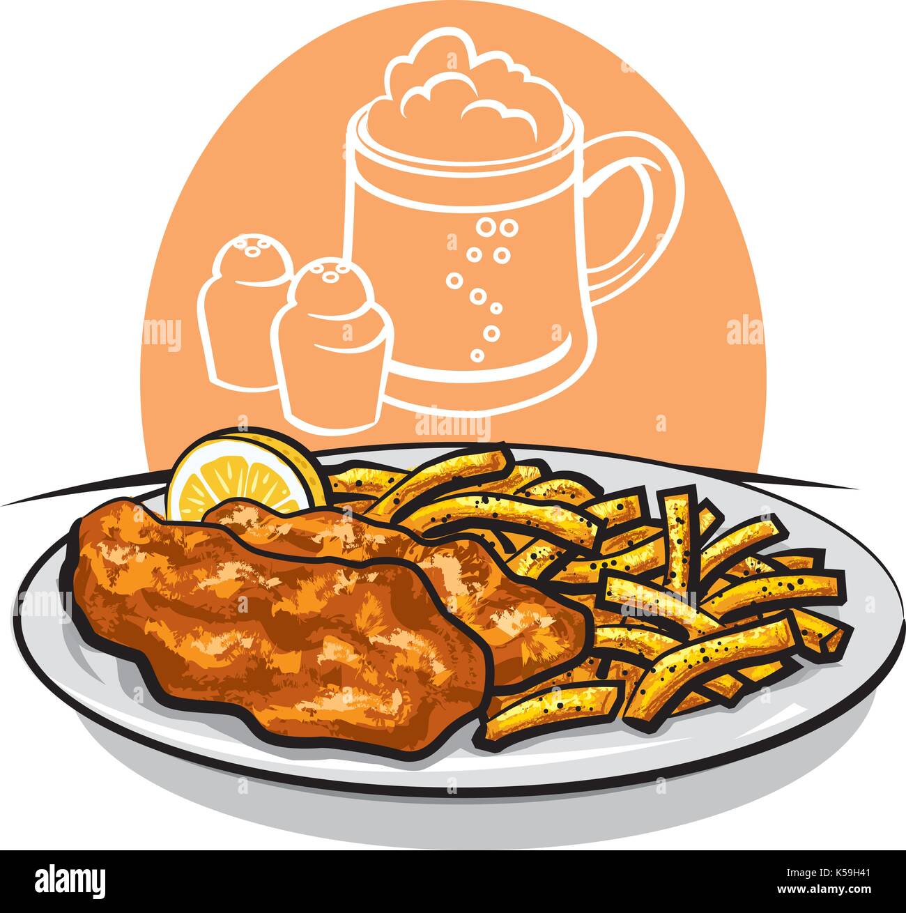 Illustration de poisson et frites au four avec du citron et de la sauce Illustration de Vecteur