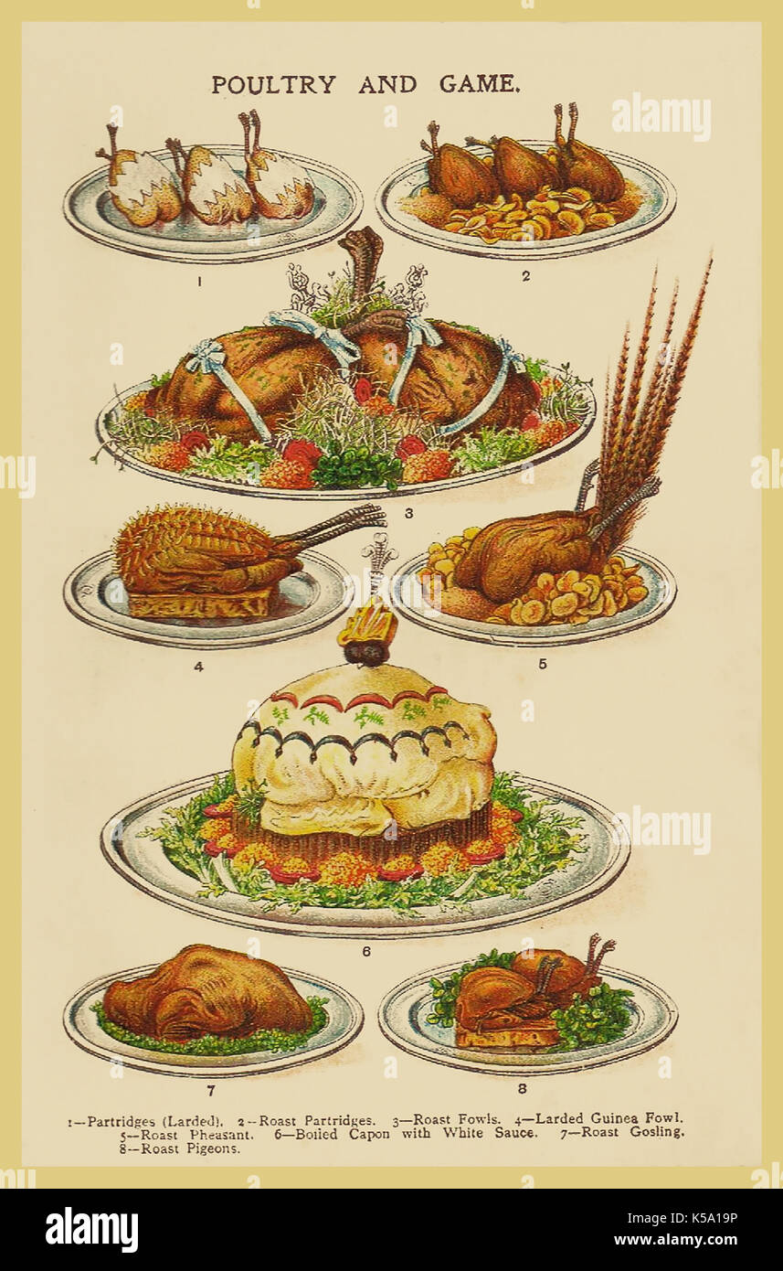 Divertissement Noël victorien VINTAGE VOLAILLE ET GIBIER VINTAGE MME BEETON'S 1890 LIVRE DE NOËL ILLUSTRATION FAYRE Banque D'Images