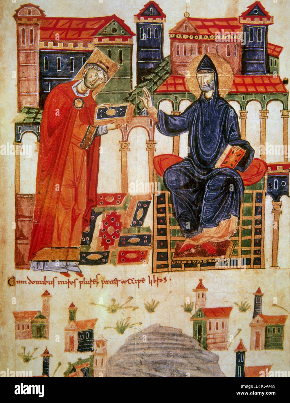 Saint Benoît (480-547). Fondateur de l'ordre religieux des Bénédictins. Lectionnaire Cassino des saints Benoît, saint Mauro et Saint Scholastica. Miniature du folio 2r. Desiderio présente le codex de Saint Benoît, vers 1070. Bibliothèque Apostolique du Vatican. Banque D'Images