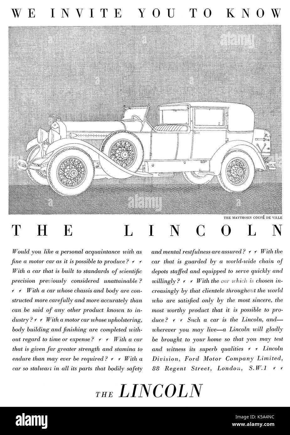 1930 La publicité pour la Ford Lincoln motor car, avec une illustration de l'Maythorn Coupe de Ville. Banque D'Images